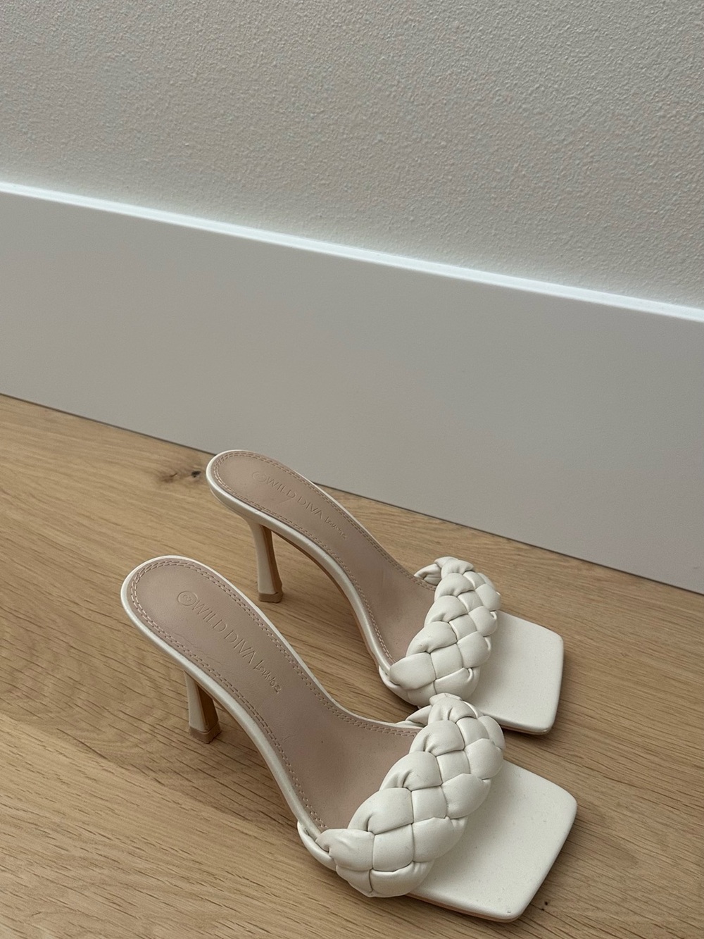 Woven Strap High Heel Mules in Cream